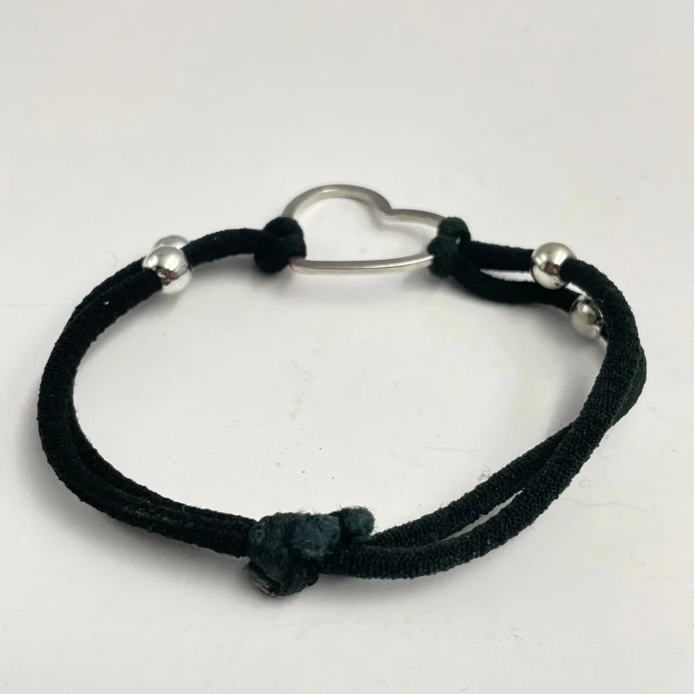 Vintage 90s Heart Charm Bracelet Black Cord Silver Tone Beads Boho Minimalist